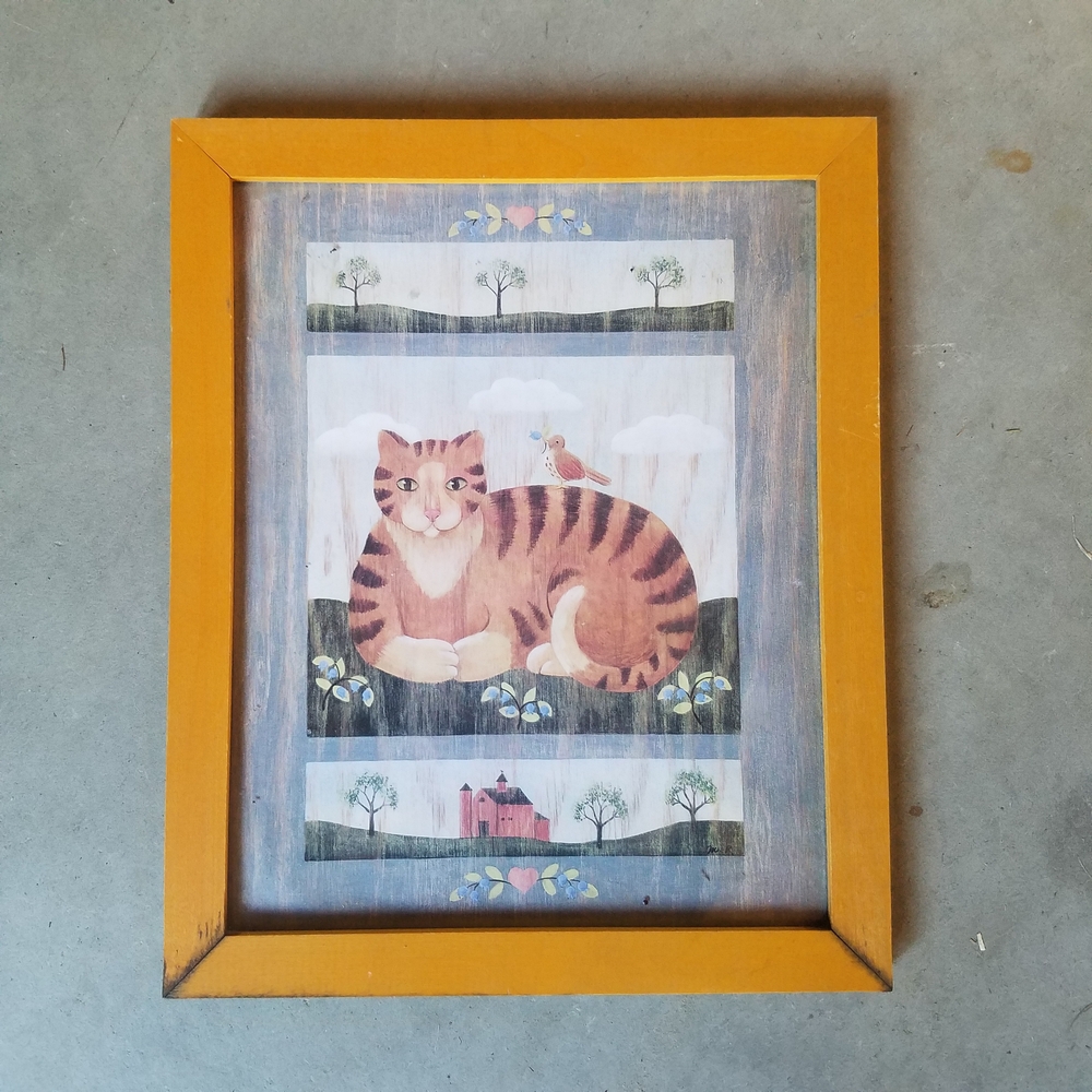 Primitive Americana Wood Framed Farmhouse, Orange Tabby Cat, Bird, Nature Print